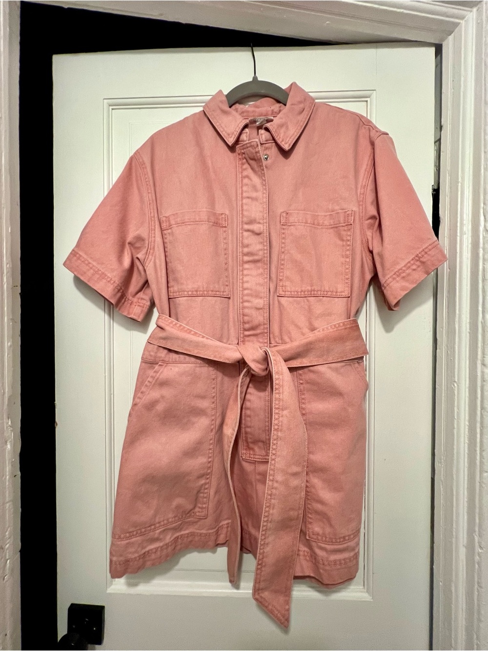 Short-Sleeve Pink Belted Utility Romper